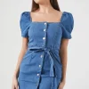 Puff-Sleeve Denim Mini Dress