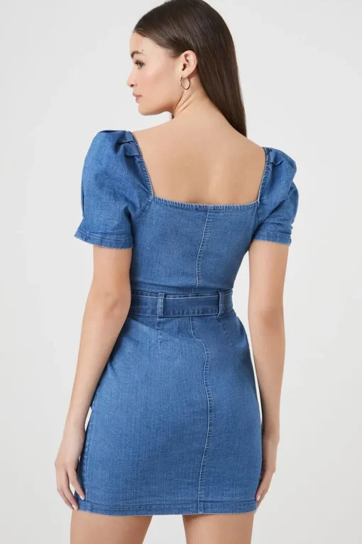 Puff-Sleeve Denim Mini Dress
