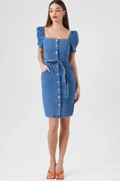 Puff-Sleeve Denim Mini Dress