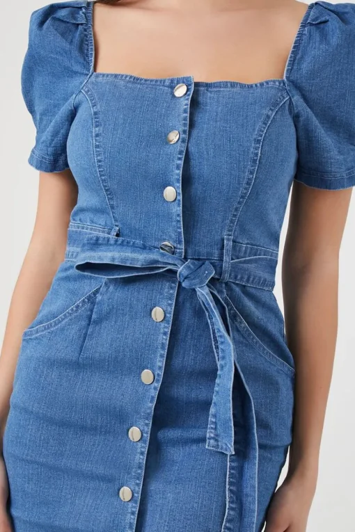 Puff-Sleeve Denim Mini Dress