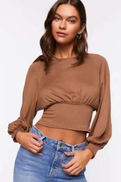 Raglan-Sleeve Shirred Crop Top