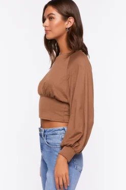 Raglan-Sleeve Shirred Crop Top