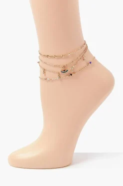 Rhinestone Evil Eye Charm Anklet Set