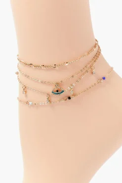 Rhinestone Evil Eye Charm Anklet Set