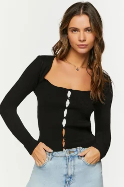 Ribbed Button-Loop Cardigan Sweater