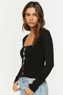 Ribbed Button-Loop Cardigan Sweater