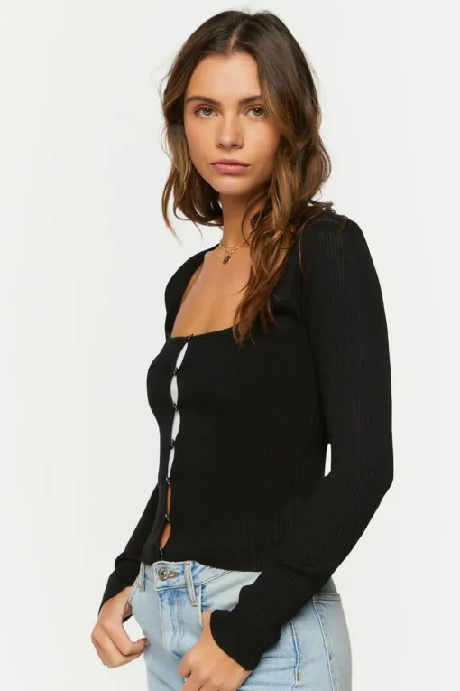 Ribbed Button-Loop Cardigan Sweater