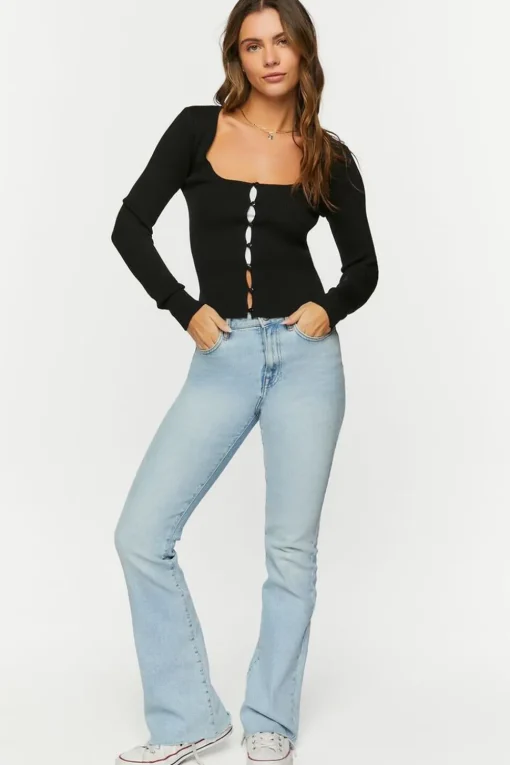 Ribbed Button-Loop Cardigan Sweater