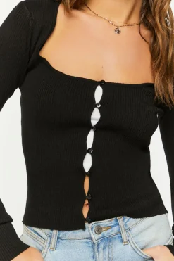 Ribbed Button-Loop Cardigan Sweater