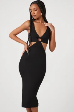 Ribbed Cutout O-Ring Midi Dress
