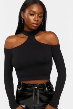 Ribbed Open-Shoulder Crop Top