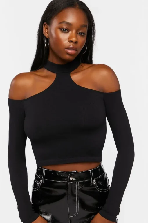 Ribbed Open-Shoulder Crop Top
