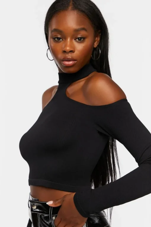 Ribbed Open-Shoulder Crop Top