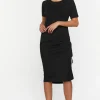 Ruched Short-Sleeve Midi Dress