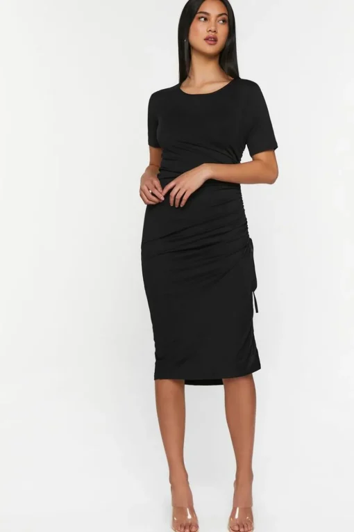 Ruched Short-Sleeve Midi Dress