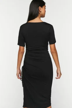 Ruched Short-Sleeve Midi Dress