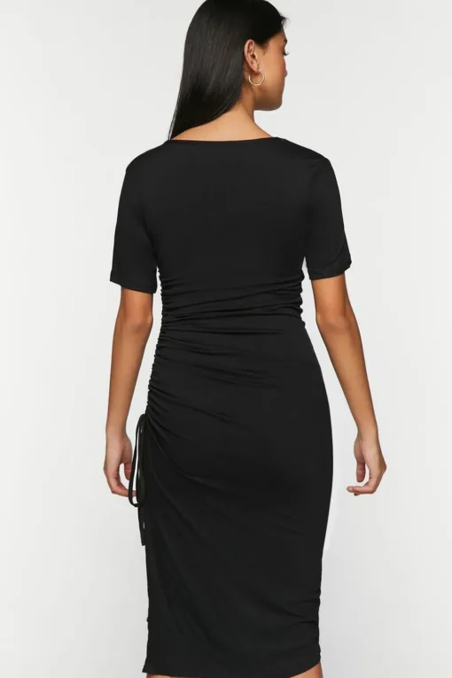 Ruched Short-Sleeve Midi Dress