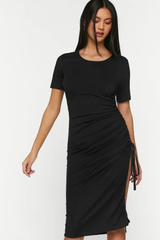 Ruched Short-Sleeve Midi Dress