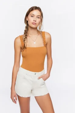 Ruched-Strap Ribbed Bodysuit