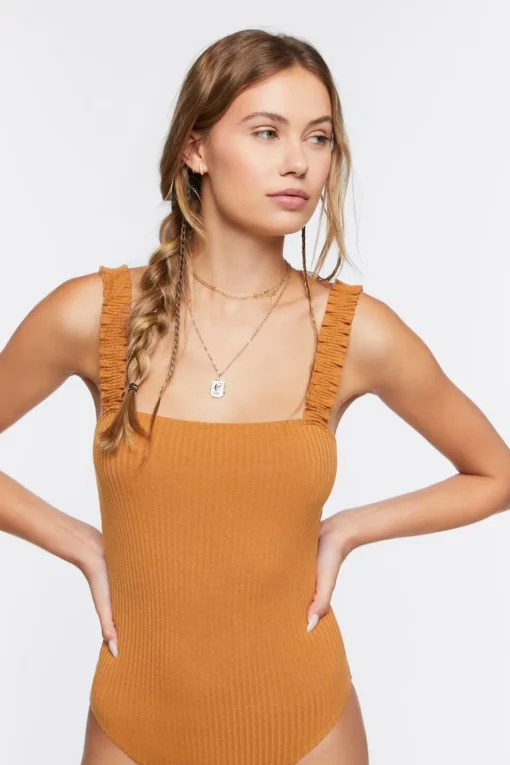 Ruched-Strap Ribbed Bodysuit