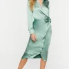 Satin Button-Front Wrap Midi Dress