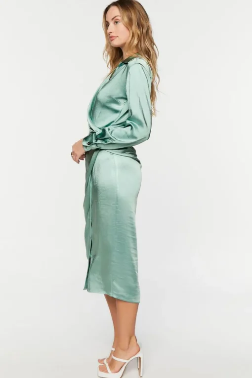 Satin Button-Front Wrap Midi Dress