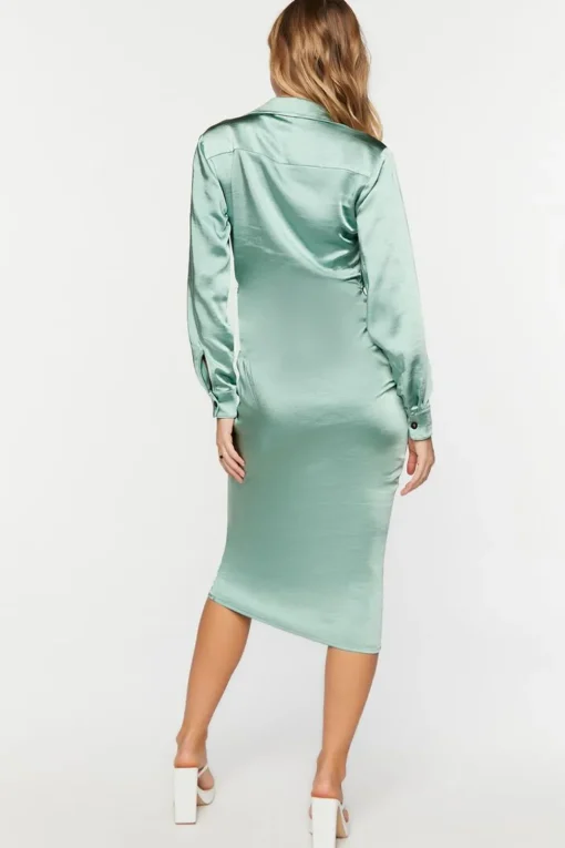 Satin Button-Front Wrap Midi Dress