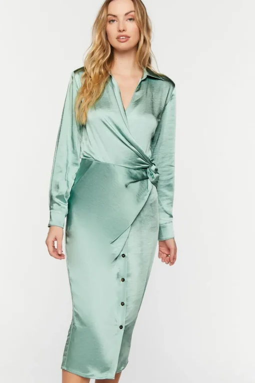 Satin Button-Front Wrap Midi Dress