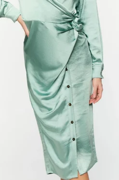 Satin Button-Front Wrap Midi Dress