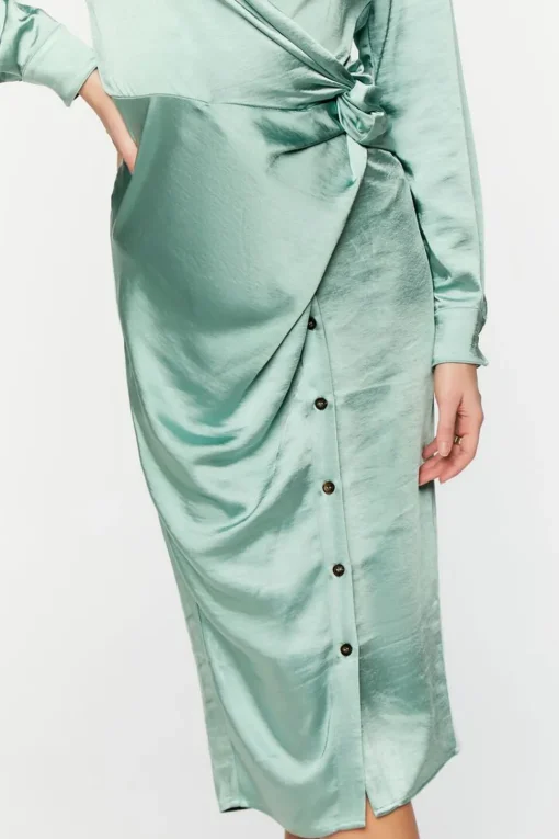 Satin Button-Front Wrap Midi Dress