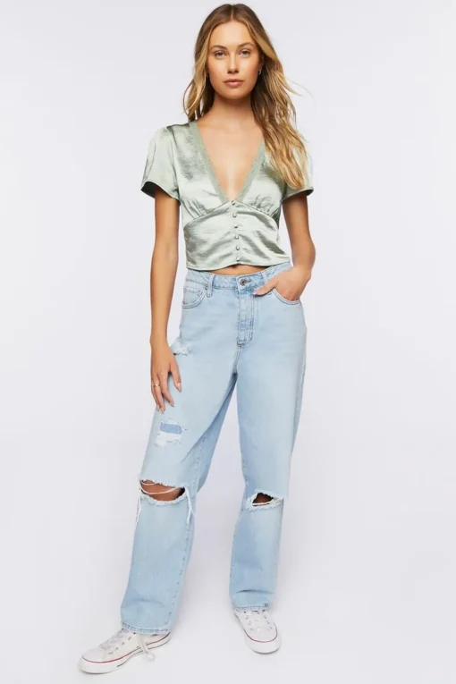 Satin Button-Up Crop Top