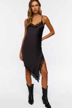 Satin Eyelash Lace Midi Slip Dress