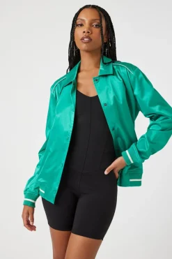 Satin Varsity-Striped Bomber Jacket