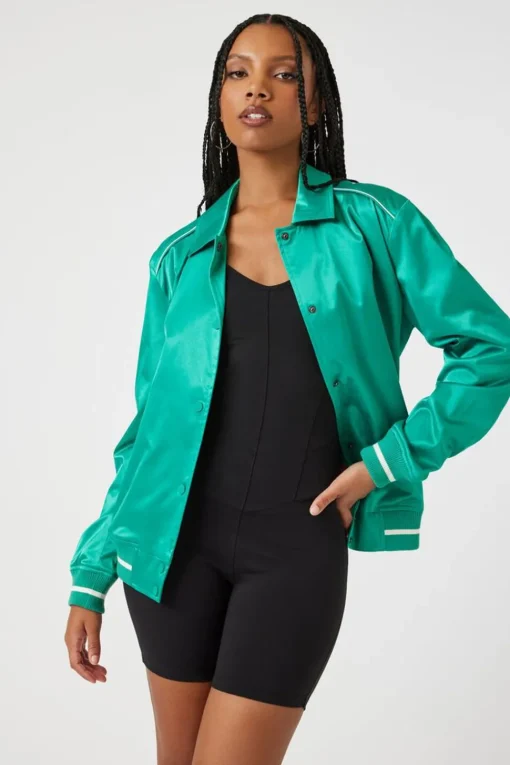 Satin Varsity-Striped Bomber Jacket