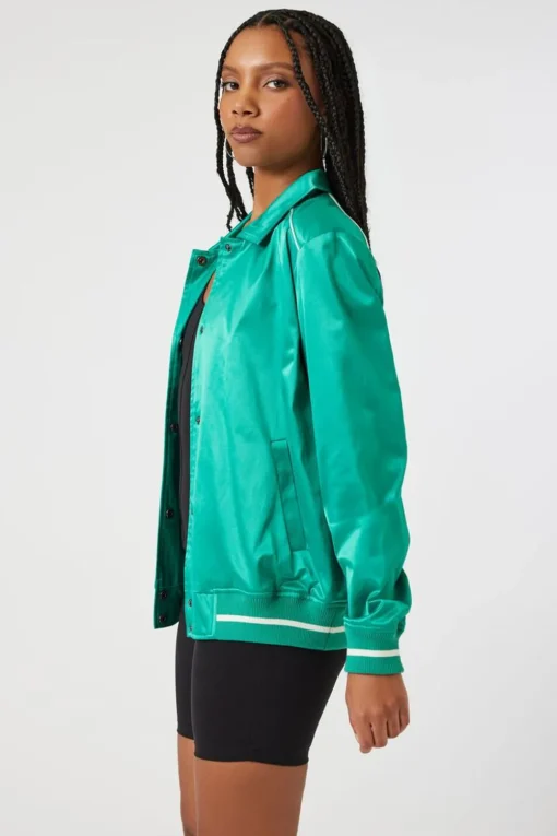 Satin Varsity-Striped Bomber Jacket