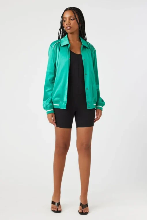 Satin Varsity-Striped Bomber Jacket