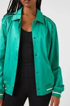 Satin Varsity-Striped Bomber Jacket
