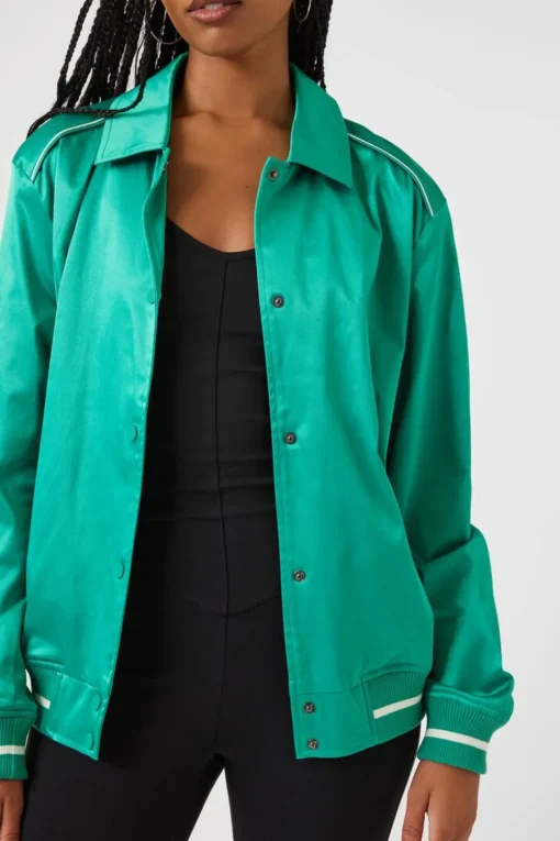Satin Varsity-Striped Bomber Jacket