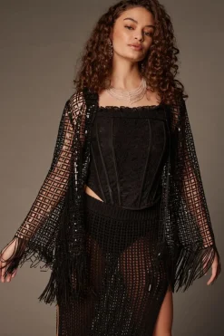 Sequin Open-Knit Fringe Kimono