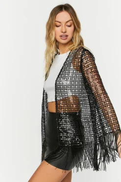 Sequin Open-Knit Fringe Kimono
