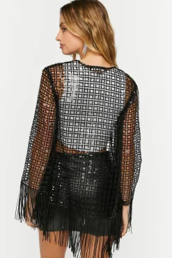Sequin Open-Knit Fringe Kimono