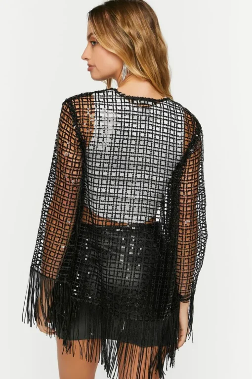 Sequin Open-Knit Fringe Kimono