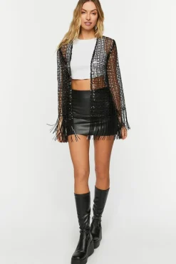 Sequin Open-Knit Fringe Kimono