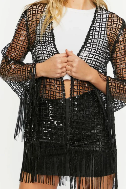 Sequin Open-Knit Fringe Kimono