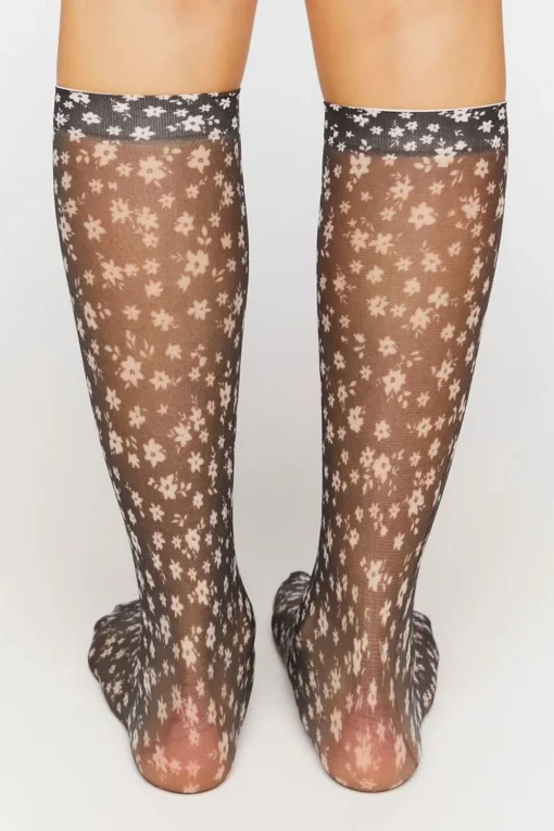 Sheer Ditsy Floral Print Crew Socks