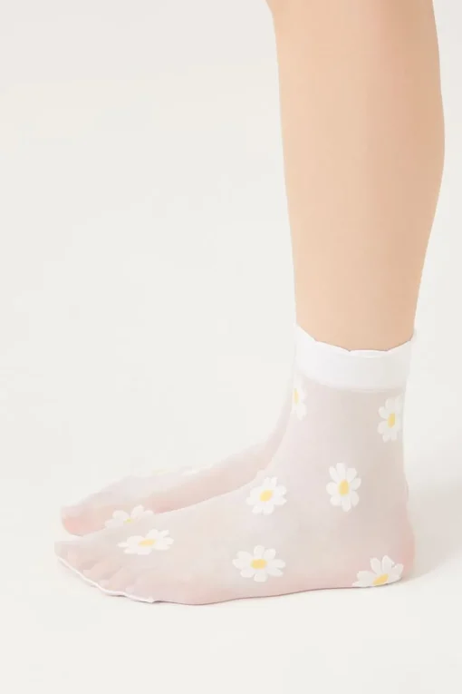 Sheer Floral Print Crew Socks