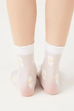 Sheer Floral Print Crew Socks