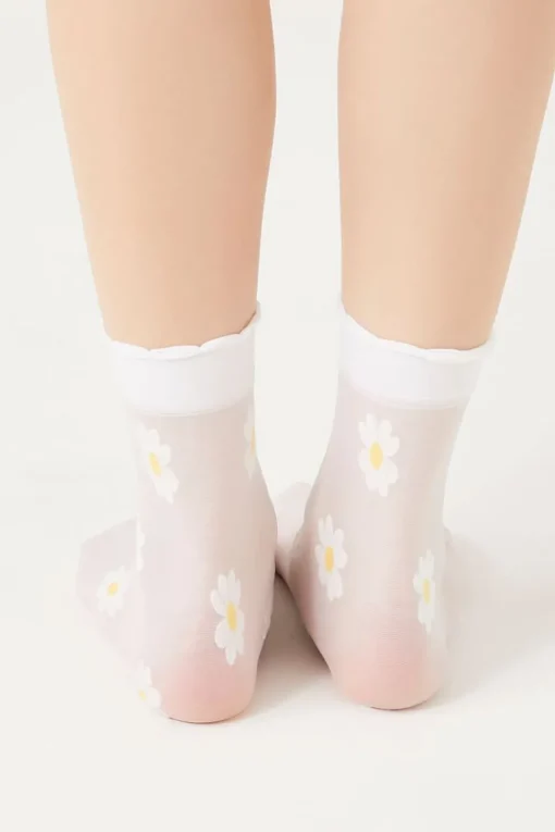 Sheer Floral Print Crew Socks