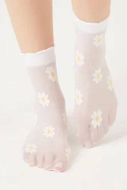Sheer Floral Print Crew Socks