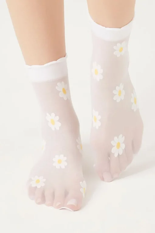 Sheer Floral Print Crew Socks